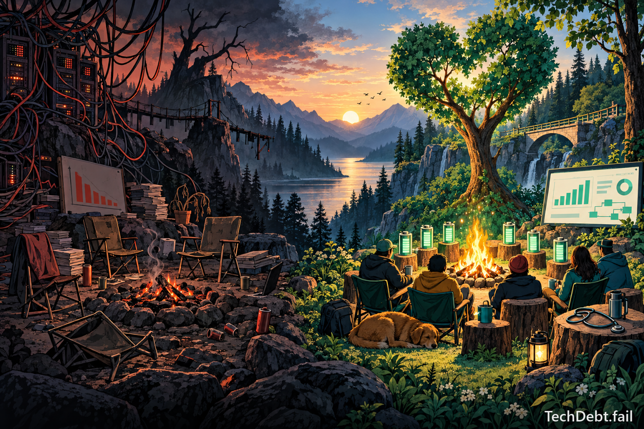 A dying fire with burnt-out candles and empty chairs on the left, a bright teal campfire and heart-shaped tree on the right.